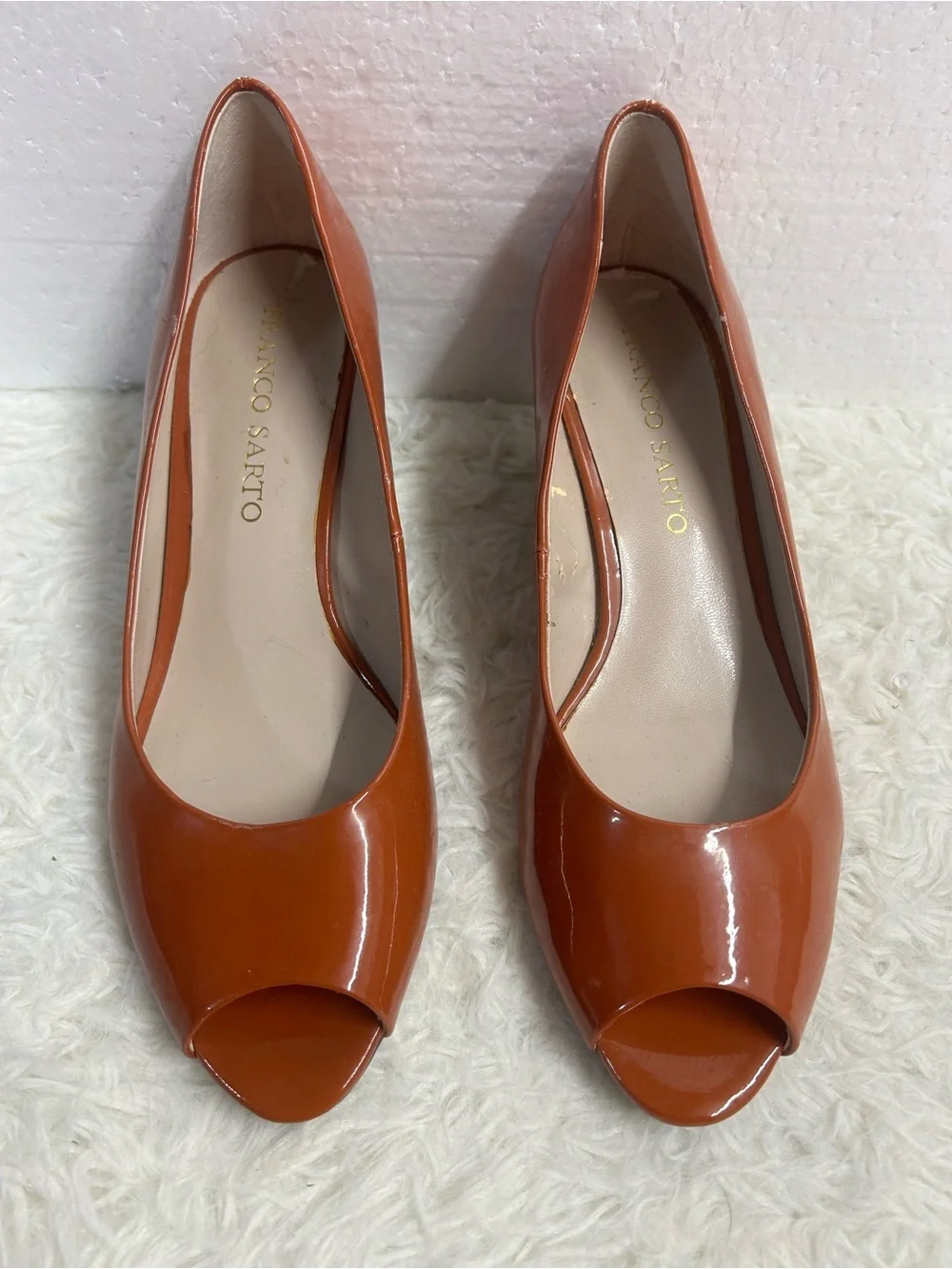 Franco Sarto Women's Open-Toe Patent Pumps in Cognac Brown